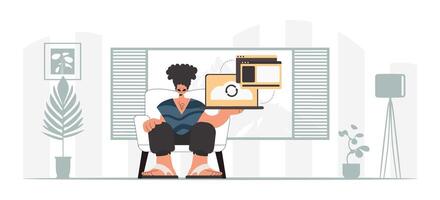 A man sitting in a chair with a laptop and a clock on it vector