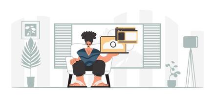 The person is holding a tablet, which is synchronized with the information capacity. Trendy style, Vector Illustration