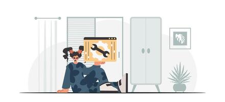 A man is sitting on the floor with a laptop vector