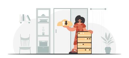 Synchronization and security of data capacity concept. The enthusiastic woman is holding a data cloud and a server. Trendy style, Vector Illustration