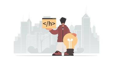 The individual is holding a browser window with a programming picture, and to boot standing near a colossal light bulb. Trendy style, Vector Illustration