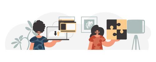 Two women holding up pieces of puzzle pieces vector