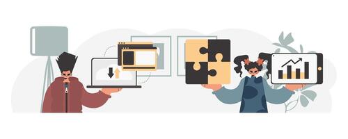 Two people holding up a laptop and a tablet vector