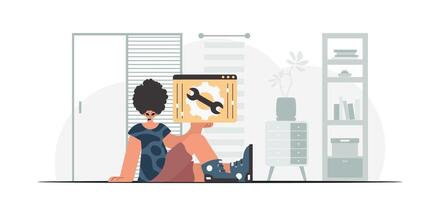 A woman sitting on the floor holding a wrench vector