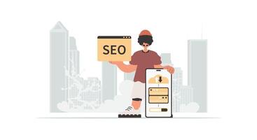 A man holding a seo sign and a smartphone vector