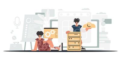 Two people are sitting on a desk with a laptop and a phone vector