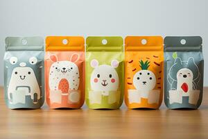 A close-up shot of a variety of creatively designed baby food pouches showcasing colorful labels and playful illustrations photo