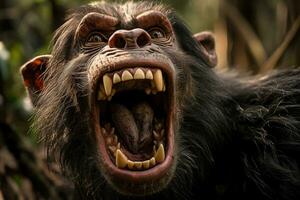 Close-up of a dominant chimpanzee baring its teeth in a fierce display of aggression among its primate group photo