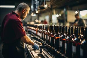 experto trabajador aplicando elegante etiquetas a vino botellas en un automatizado montaje línea foto