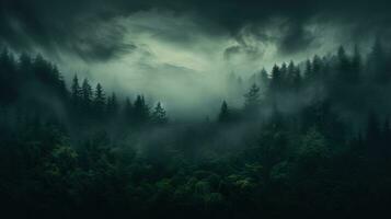 An eerie fog descends upon a dense forest creating a haunting atmosphere background with empty space for text photo