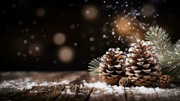 clásico Navidad pino conos rociado con falso nieve hermosamente agrupados aislado en un rústico marrón degradado antecedentes foto