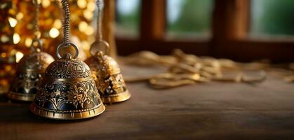 un de cerca de campana adornos con intrincado bajo alivio diseños en reluciente dorado Brillantina antecedentes agregando un toque de elegancia foto