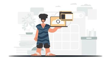A man holding a laptop and a tablet vector
