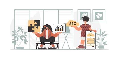 Two people are sitting in front of a computer with a puzzle piece vector