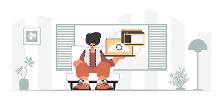A man sitting in a chair with a laptop vector
