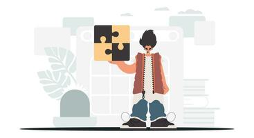 The individual is holding a puzzle. Gather work subject. Trendy style, Vector Illustration