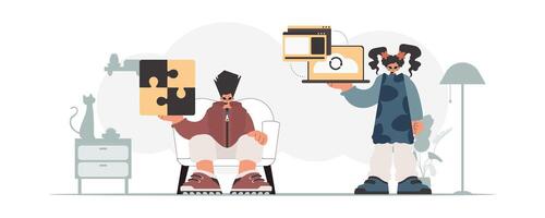 Two people are holding up puzzle pieces vector