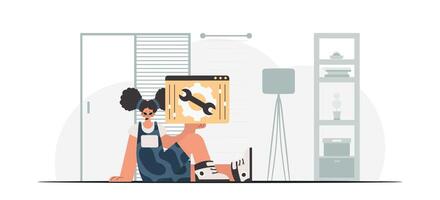 el entusiasta mujer es participación un navegador ventana con engranajes seo y web analizando punto. de moda estilo, vector ilustración