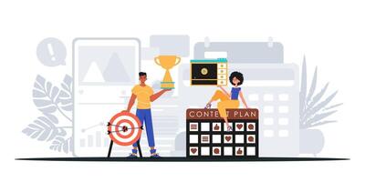 A man and woman are standing next to a goal board vector