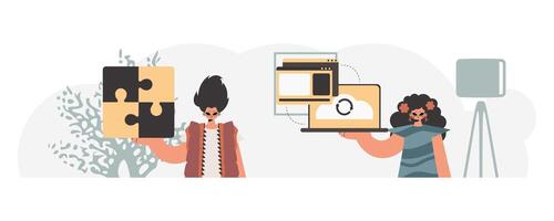 Two people holding up a laptop and a puzzle piece vector