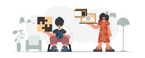 Two people are holding up puzzle pieces vector