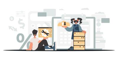 Two people are sitting on a desk with boxes vector