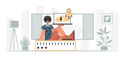 A woman sitting on a computer with a rocket on top vector