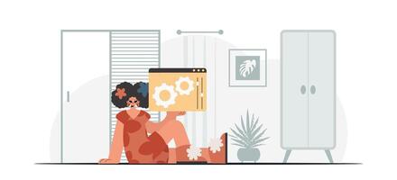 The energetic lady is holding a browser window with gears. SEO and web analyzing point. Trendy style, Vector Illustration