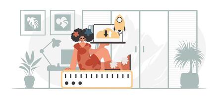 A woman sitting on top of a computer vector