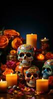 Bright candles on traditional Day of the Dead altar isolated on a gradient background photo