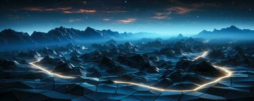 Glowing tessellated polygons merging into an eccentric 3D geometric landscape photo