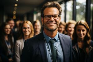 Ai Generative group of happy business man and business women, dressed in suits are smiling, in the office photo