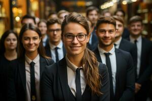 Ai Generative group of happy business man and business women, dressed in suits are smiling, in the office photo