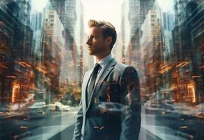 Ai generative A Double Exposure of a Businessman in the Cityscape Embodies Success and Future Plans photo