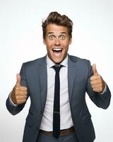 Ai generative photo business concept portrait of excited man dressed in formal wear giving thumbs up