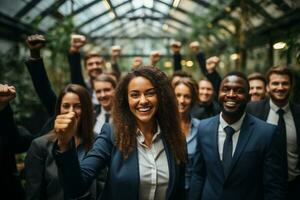 ai generativo grupo de contento negocio hombre y negocio mujer, vestido en trajes son sonriente, en el oficina foto