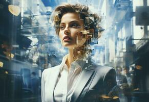 Ai generative Double Exposure of a Business women in the Cityscape Embodies Success and Future Plans realistic photo