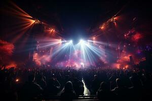 Ai generative Crowded Concert Stage Scenery With Spotlights and Colored Lights realistic image, ultra hd photo