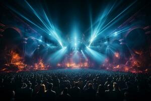 Ai generative Crowded Concert Stage Scenery With Spotlights and Colored Lights realistic image, ultra hd photo