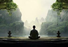 ai generative photo of a man practicing mindfulness and meditation in a peaceful natural environment sony A7s realistic image, ultra hd, high design very detailed