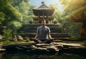 ai generative photo of a man practicing mindfulness and meditation in a peaceful natural environment sony A7s realistic image, ultra hd, high design very detailed