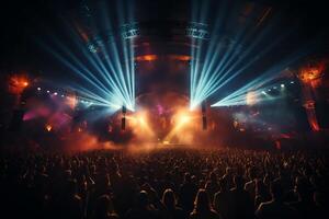 Ai generative Crowded Concert Stage Scenery With Spotlights and Colored Lights realistic image, ultra hd photo