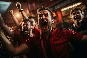 English football fans celebrating a victory photo