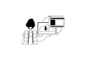 A black and white illustration of a man holding a laptop vector
