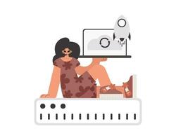 The flooding woman is holding a obliging workstation, which is synchronized with the data capacity. Kept. Trendy style, Vector Illustration
