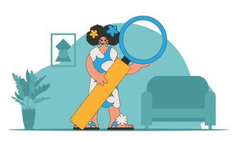 Concept Finding the necessary information on the Internet. The guy is holding a magnifying glass. Linear retro style character. vector