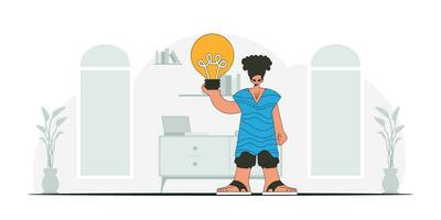 Stylish guy holding a light bulb. Idea theme. Retro trendy style. vector