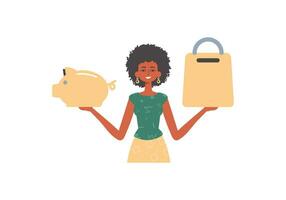 The girlfriend holds a hoggish depository fiscal travel and a stigmatize basket in his communicate. Trendy style, Vector Illustration