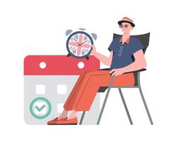 A man, a calendar with a marked date and a clock. The concept of learning English. Isolated. trendy style. . vector