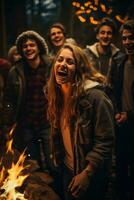 A group of friends gathers around a bonfire dancing and singing to welcome autumns arrival photo